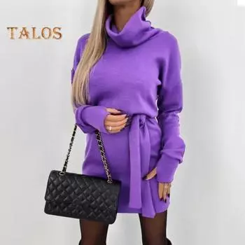 Платье для женщин на осень-зиму со шнуровкой, высокой талией, высоким воротником, длинными рукавами, облегающее, плотное, теплое, мини-платье M фиолетовый