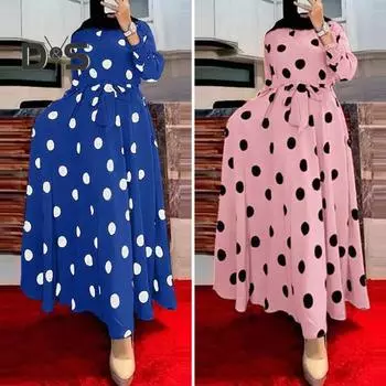 Платье для женщин осень-весна, с принтом в горошек, с круглым вырезом, длинным рукавом, поясом, облегающим, с высокой талией, со свободным подолом, длиной до щиколотки, в стиле ретро, макси-платье M розовый