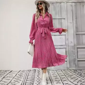 Платье для женщин осень-весна с отложным воротником, V-образным вырезом, длинными рукавами, А-силуэта, с широкими качелями, однобортное, со шнуровкой на талии, с плиссировкой, с цветочным принтом S чёрный