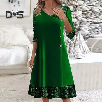 Платье для женщин осень-зима, блестящее, с пайетками, в стиле пэчворк, с V-образным вырезом, А-силуэтом, с длинным рукавом, декором из пуговиц, однотонное, мягкое, теплое, длиной до середины голени, женское платье миди 2XL красный