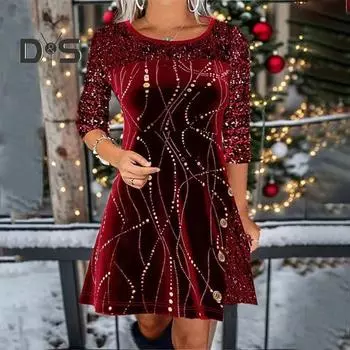 Платье для женщин осень-зима с круглым вырезом, блестящей отделкой из пайеток, в стиле пэчворк, А-силуэта, свободным подолом, с принтом, мягкими длинными рукавами, длиной выше колена, мини-платье L хаки
