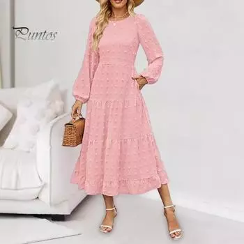 Платье для женщин осень-зима с длинными рукавами-фонариками, А-силуэтом, круглым вырезом, большим подолом, аппликацией в горошек, плиссированное, однотонное, для свиданий, поездок на работу, миди-платье S розовый