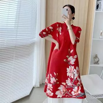Платье для женщин, осеннее новое женское плиссированное платье большого размера, женская мода, свободное тонкое винтажное платье с возрастом M красный