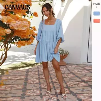 Платье для женщин, свободное весенне-летнее платье с квадратным вырезом и рукавами-пузырьками, однотонное платье с открытой спиной S небесно-голубой