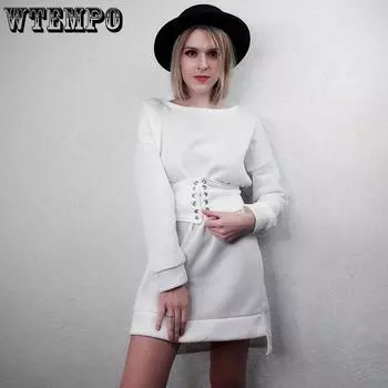 Платье для женщин, свободный свитшот, сексуальные мини-платья, бандажный широкий пояс, уличная одежда S белый