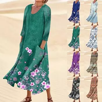 Платье для женщин, весеннее повседневное модное платье в стиле бохо с рукавами 3/4 для праздника, большого размера XL темно-зеленого