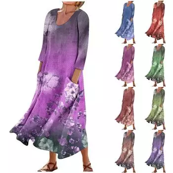 Платье для женщин, весеннее повседневное модное платье в стиле бохо с рукавами 3/4 для праздника, большого размера L синий