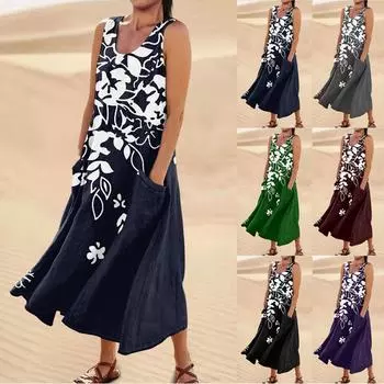 Платье для женщин, весна-лето в стиле бохо, повседневное модное платье без рукавов для праздника, большой размер L чёрный