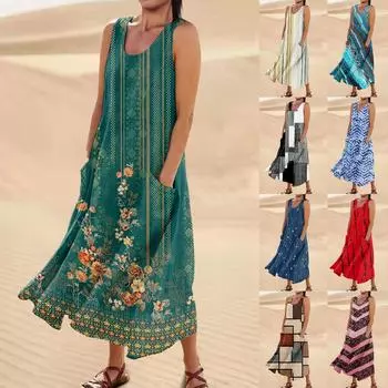 Платье для женщин, весна-лето в стиле бохо, повседневное модное платье без рукавов для праздника, большой размер L бежевый