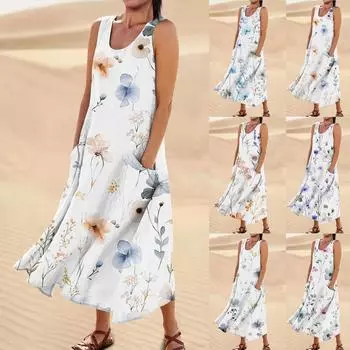 Платье для женщин, весна-лето в стиле бохо, повседневное модное платье без рукавов для праздника, большой размер L синий
