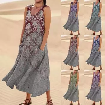Платье для женщин, весна-лето в стиле бохо, повседневное модное платье без рукавов для праздника, большой размер L синий