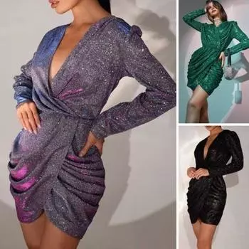 Платье для женского клуба с глубоким V-образным вырезом, плиссировкой и пайетками, длинными рукавами, неровным подолом, мешковатое платье для знаменитого банкета, выпускного вечера, коктейльной вечеринки, мини-платье S фиолетовый