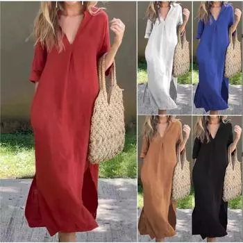 Платье до щиколотки, Платье с V-образным вырезом и длинными рукавами, Повседневное платье на каждый день, Женская одежда M белый