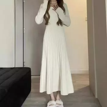 Платье-джемпер женские модели осень-зима внутренняя отделка длинный рукав трикотажная длинная юбка One Size абрикосовый