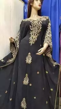 Платье Фараша Марокканское платье ручной работы Дубай Стильная абайя Длинный исламский кафтан XS чёрный