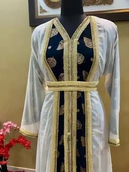 Платье Фараша ручной работы Исламское Дубайское кафтановое платье Абая Стильное длинное марокканское платье XS темно-синий/белый