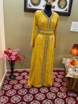 Платье Фараша ручной работы Исламское Дубайское кафтановое платье Абая Стильное длинное марокканское платье XS жёлтый