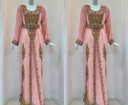 Платье Фараша ручной работы Исламское Дубайское кафтановое платье Абая Стильное длинное марокканское платье XS розовый