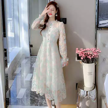 Платье феи Xiaoxiangfeng весна-осень 2024 года, новая женская одежда, сетчатый с длинным рукавом и краями из листьев лотоса, среднее и длинное французское платье для женщин S up to 47.5 kg