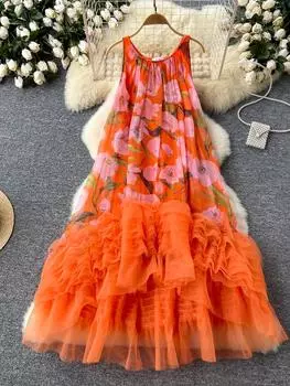 Платье французской принцессы в винтажном стиле с принтом, женское, с круглым вырезом, на бретельках, с сетчатыми вставками, с нерегулярными оборками, женское, пляжное, модное, бальное платье, новое One Size чёрный