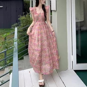 Платье French Gentle Wind с цветочным принтом и развевающимися рукавами, сказочное летнее темпераментное платье Sense of Senior, сексуальное, средней длины S