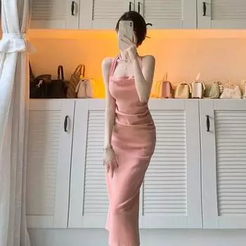 Платье French pure desire с нишевой горловиной, женское, лето 2025, новое, тонкое, темпераментное, с подтяжками на бедрах S чёрный