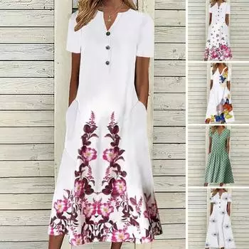 Платье-футболка А-силуэта для женщин с застежкой на пуговицы и V-образным вырезом, короткое L