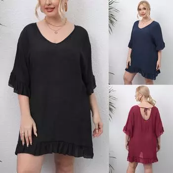 Платье-футболка большого размера с открытой спиной, женская летняя одежда, пляжное платье больших размеров с рюшами и подолом, женская пляжная одежда, накидки с коротким рукавом 0XL/L чёрный
