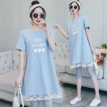 Платье-футболка для беременных с кружевным подолом - весна/лето 2025, корейский стиль, свободный крой, средняя длина розовый