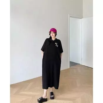 Платье-футболка с коротким рукавом и лацканами с принтом и карманом для женского лета, в непринужденном корейском стиле, свободная текстура, облегающее прямое длинное платье L
