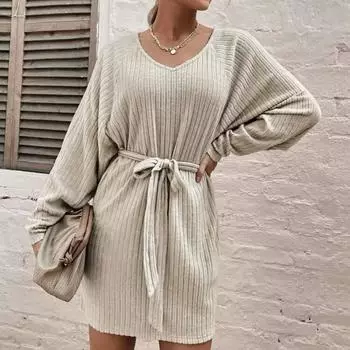 Платье-футболка с поясом и рукавами паглан XS античный белый