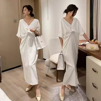 Платье-футболка с узлом Летнее Свободное Скрывающее полноту Стройнящее Открытая спина V-образный вырез Макси-платье 2XL белый