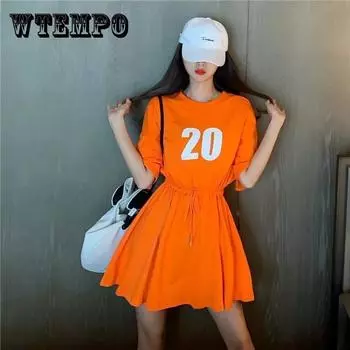 Платье-футболка средней длины, женское летнее платье с талией, тоньше, на шнурке, свободное свободное платье в спортивном стиле для отдыха, короткое платье S белый