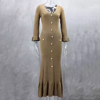 Платье-футляр, элегантное трикотажное платье макси с V-образным вырезом и пуговицами, подол «рыбий хвост», женское облегающее платье в стиле пэчворк на весну S синий