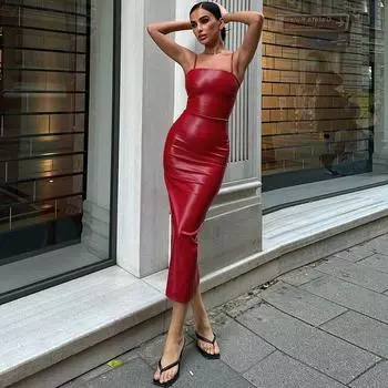Платье-футляр без рукавов из искусственной кожи, женское, длинное, облегающее, однотонное, модное, повседневное, длиной до щиколотки L чёрный