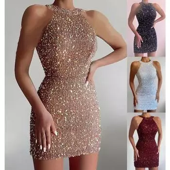 Платье-футляр без рукавов с талией и запахом на бедрах, женское платье с блестками, мини-платье-карандаш с лямкой на бретельках для коктейльной вечеринки L чёрный