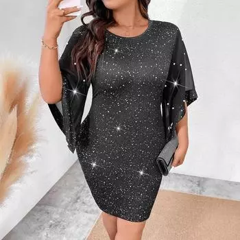 Платье-футляр большого размера с круглым вырезом и серебряной фольгой, с жемчужным принтом, миди-шик, элегантный, с короткими рукавами XL чёрный