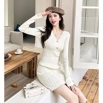 Платье-футляр для одежды на осень и зиму в стиле французской светской львицы с длинными рукавами и V-образным вырезом, облегающее, с короткими бедрами One Size абрикосовый