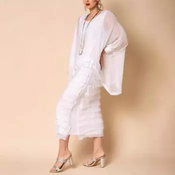 Платье-футляр из двух частей с шалью с длинными рукавами, двухслойное шифоновое платье с круглым вырезом, однотонное многослойное платье с рваным подолом, весна-лето, макси-платье S белый