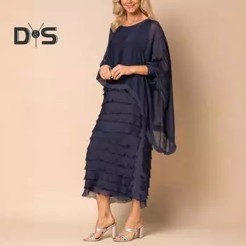 Платье-футляр из двух частей с шалью с длинными рукавами, двухслойное шифоновое платье с круглым вырезом, однотонное многослойное платье с рваным подолом, весна-лето, макси-платье S белый