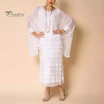 Платье-футляр из двух частей с шалью с длинными рукавами, двухслойное шифоновое платье с круглым вырезом, однотонное многослойное платье с рваным подолом, весна-лето, макси-платье S белый