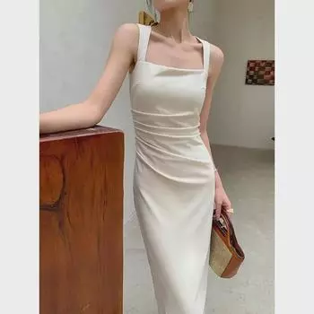 Платье-футляр из французского атласа с квадратным вырезом и подтяжками - новый летний стиль Small чёрный