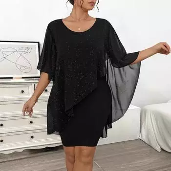 Платье-футляр из шифона с серебристой фольгой больших размеров, асимметричные рукава-накидка, элегантное короткое вечернее платье в европейском стиле XL чёрный