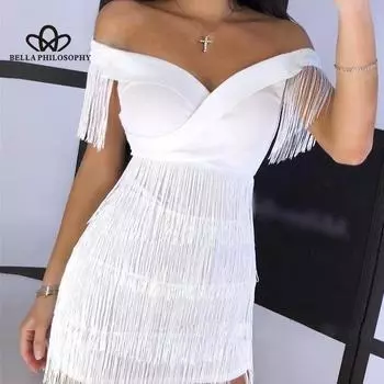 Платье-футляр на одно плечо с бахромой Облегающее платье Повседневный стиль Коктейльное платье Женское платье S белый
