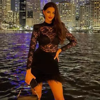 Платье-футляр с бархатной поверхностью, праздничная одежда, облегающее стильное платье-футляр длиной выше колена с длинными рукавами для вечеринки M чёрный