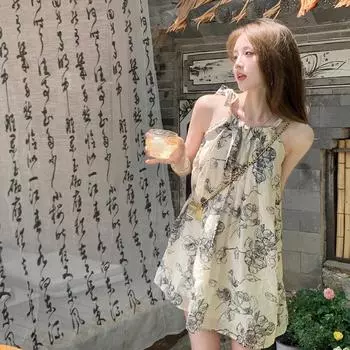 Платье-футляр с цветочным принтом и бретельками через шею - новинка лета 2023 года в китайском стиле, короткая юбка-фея