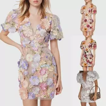 Платье-футляр с европейским V-образным вырезом и цветочным принтом и рукавами-фонариками M чёрный