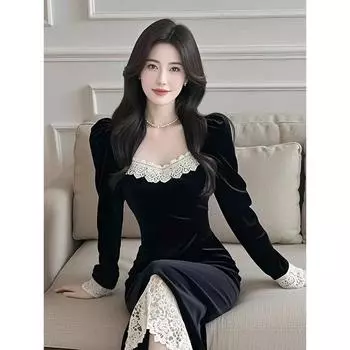 Платье-футляр с французским квадратным вырезом и длинными рукавами, черное кружевное элегантное бархатное универсальное платье для женщин S чёрный