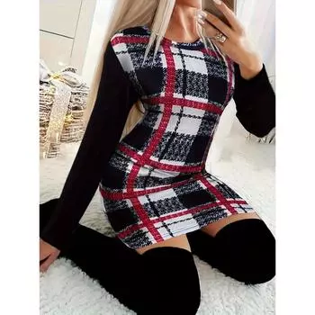 Платье-футляр с клетчатым принтом, повседневное мини-платье с длинными рукавами и круглым вырезом, женская одежда S
