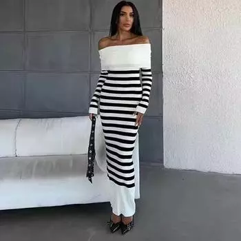 Платье-футляр с открытыми плечами Falda Sexy Mujer Slash Neck Striped Color Block Slim Knitted Bodycon Dress Autumn Wrapped Dresses ChicDresses One Size чёрный
